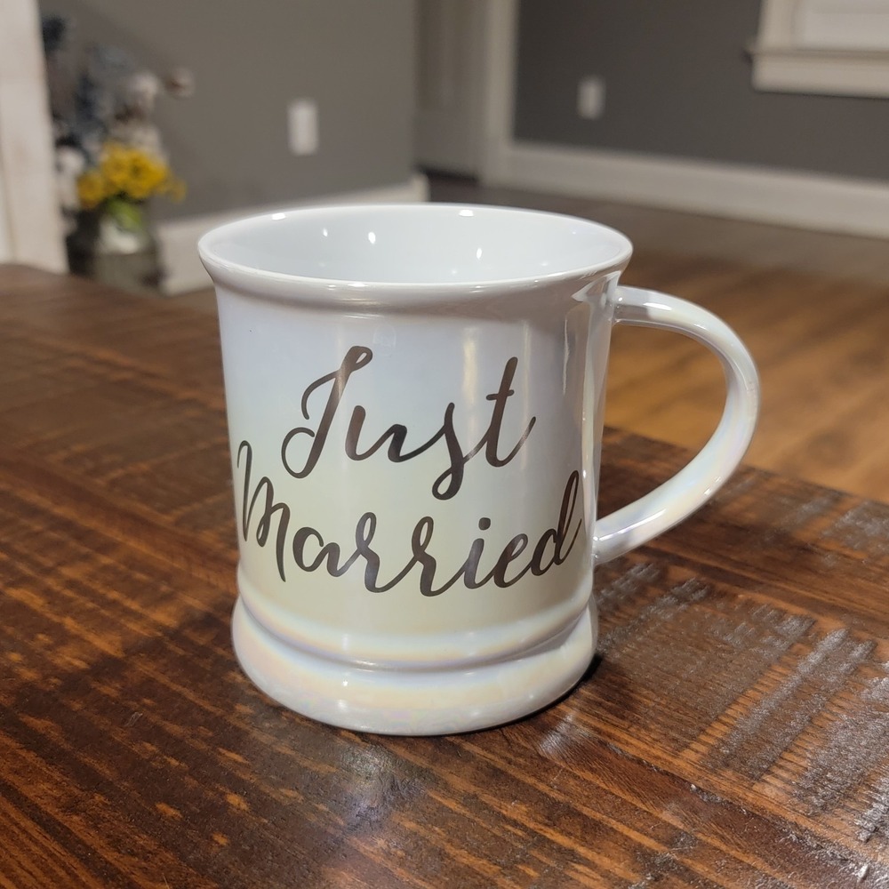 Coffee Mug Cup Just Married Opalescent I DO Slant Collections Wedding Mug Bride